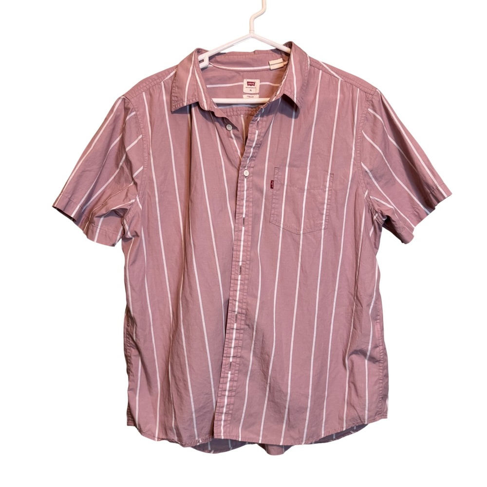 Levis‎ Mens XL Pink White Vertical Striped Short Sleeve Button Up Shirt Standard